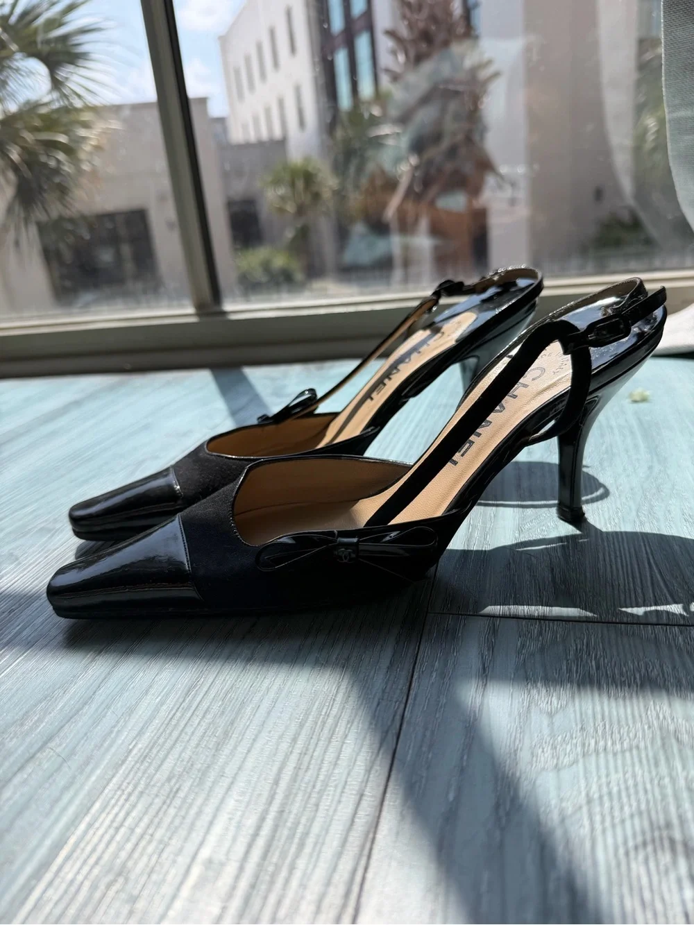 CHANEL Black Patent & Fabric Slingback Heels with Bow Accent